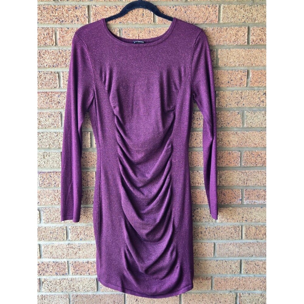 EXPRESS Metallic Shimmer Ruched Sweater Mini Dress Burgundy Magenta L